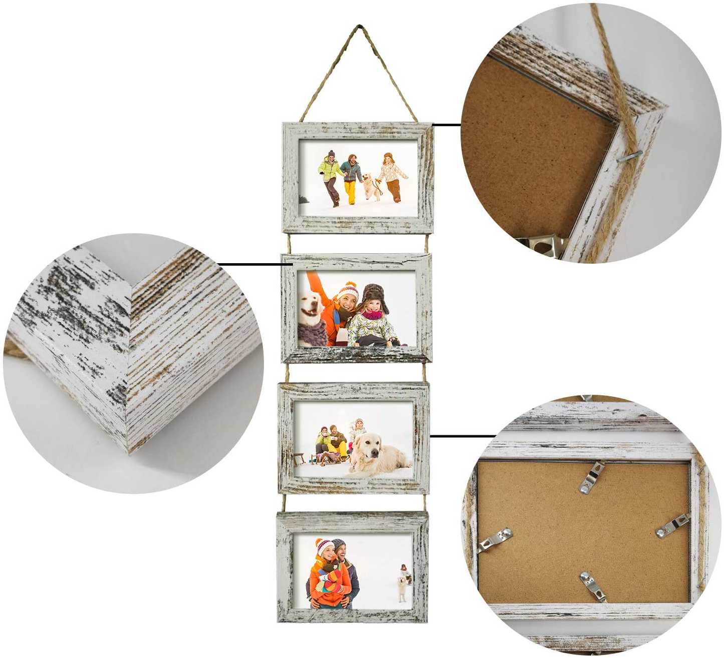 4x6 Wall Hanging Picture Frames Collage with 4 Opening Distressed White Frames