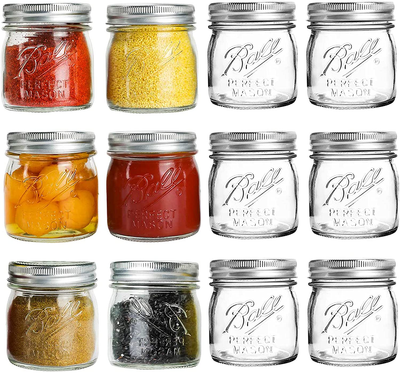 Mouth Mason Jars 8 oz - 12 Pack Glass Canning Jars with Silver Metal Airtight Regular Lids and Bands,Clear Quart Mason Jars for Canning, Preserving, Baby Food, DIY Projects, Honey, Jam, Jelly