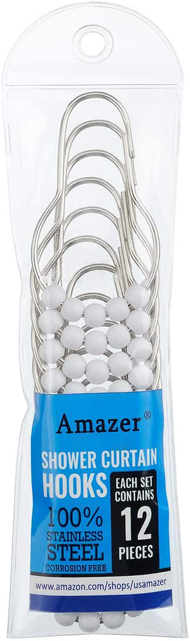 Amazer Shower Curtain Hooks Rings, Stainless Steel Shower Curtain Rings and Hooks for Bathroom Shower Rods Curtains-Set of 12