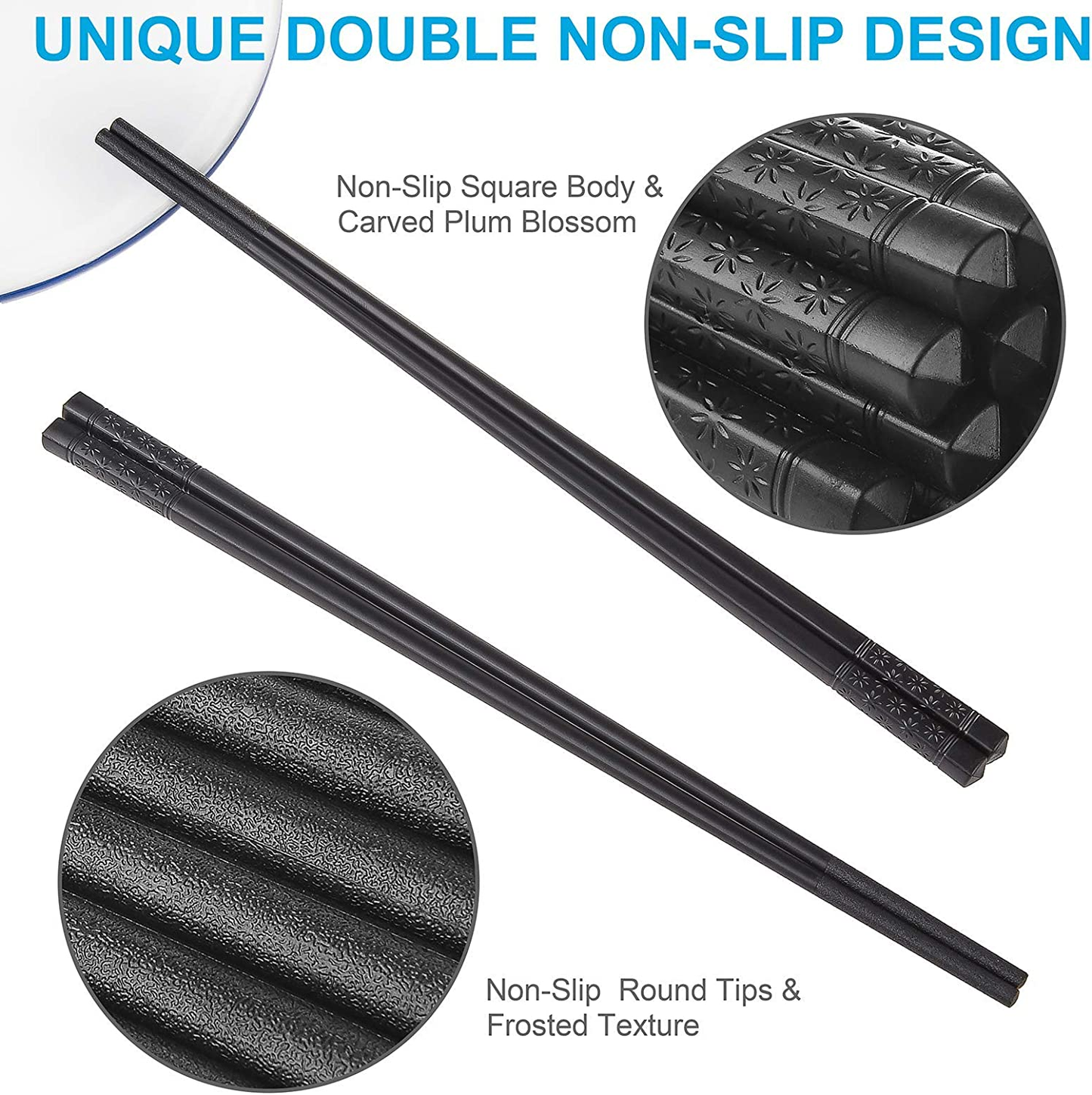 10 Pairs Fiberglass Chopsticks Family Set, ONEHERE Reusable Chinese, Japanese, Korean Chop Sticks, Dishwasher Safe, Non-Slip, for Sushi, Noodles, Food, Hotpot& Cooking, 10.63 Inches, Classic Black