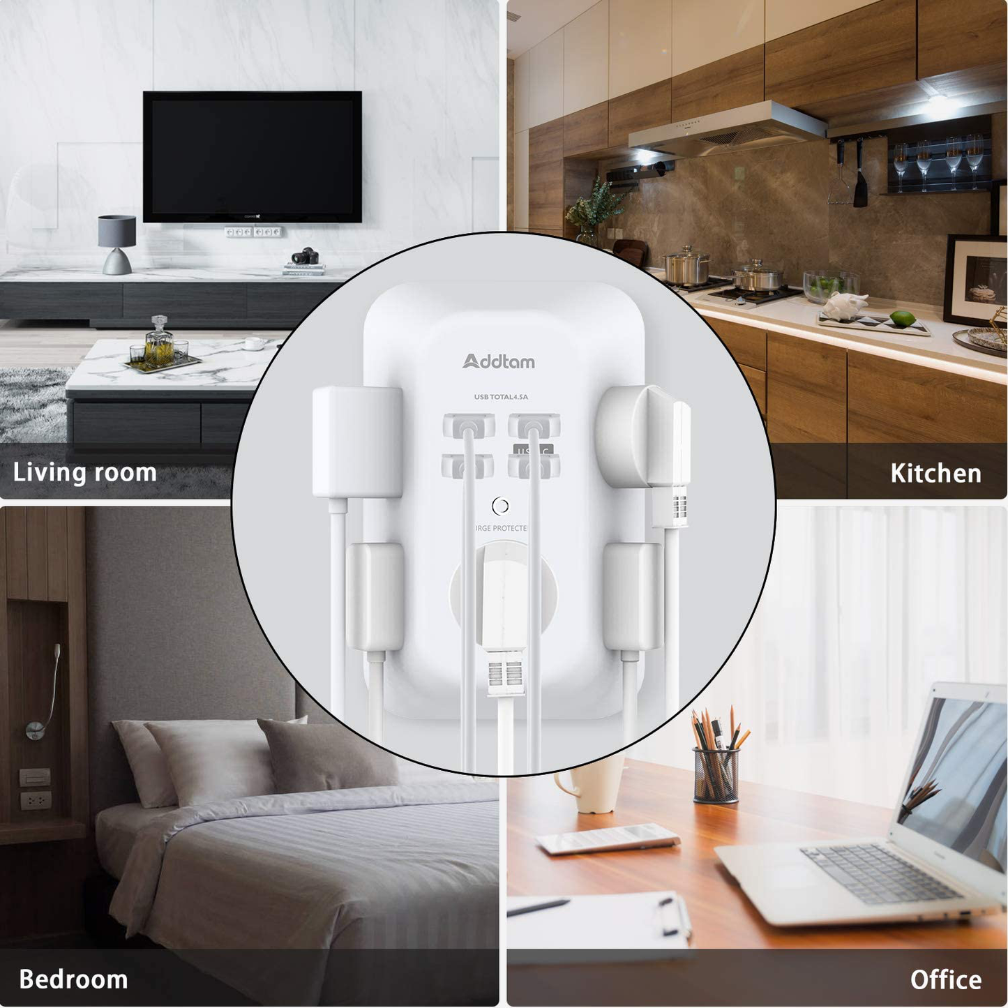 USB Wall Charger Surge Protector 5 Outlet Extender with 4 USB Charging Ports ( 1 USB C Outlet) 3 Sided 1800J Power Strip Multi Plug Outlets Wall Adapter Spaced for Home Travel Office ETL Listed