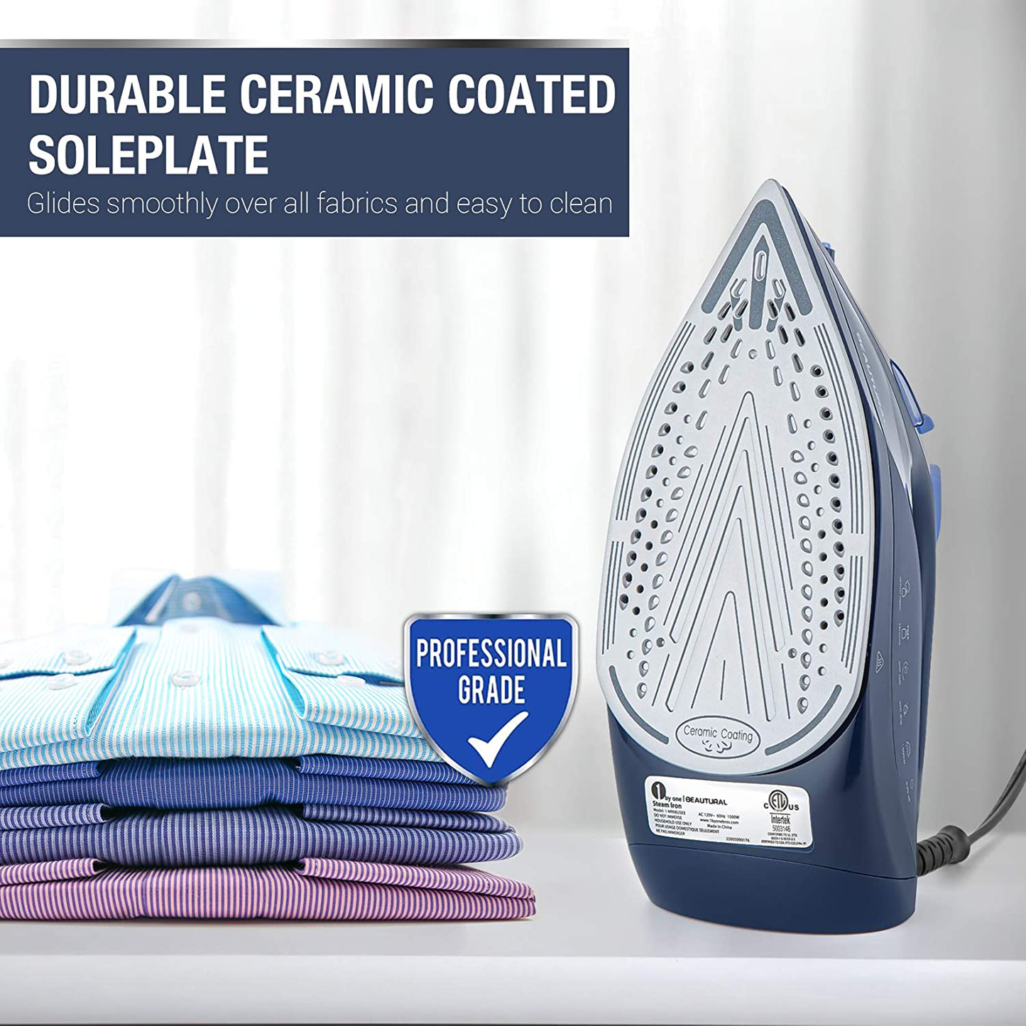 BEAUTURAL Steam Iron for Clothes with Precision Thermostat Dial, Ceramic Coated Soleplate, 3-Way Auto-Off, Self-Cleaning, Anti-Calcium, Anti-Drip