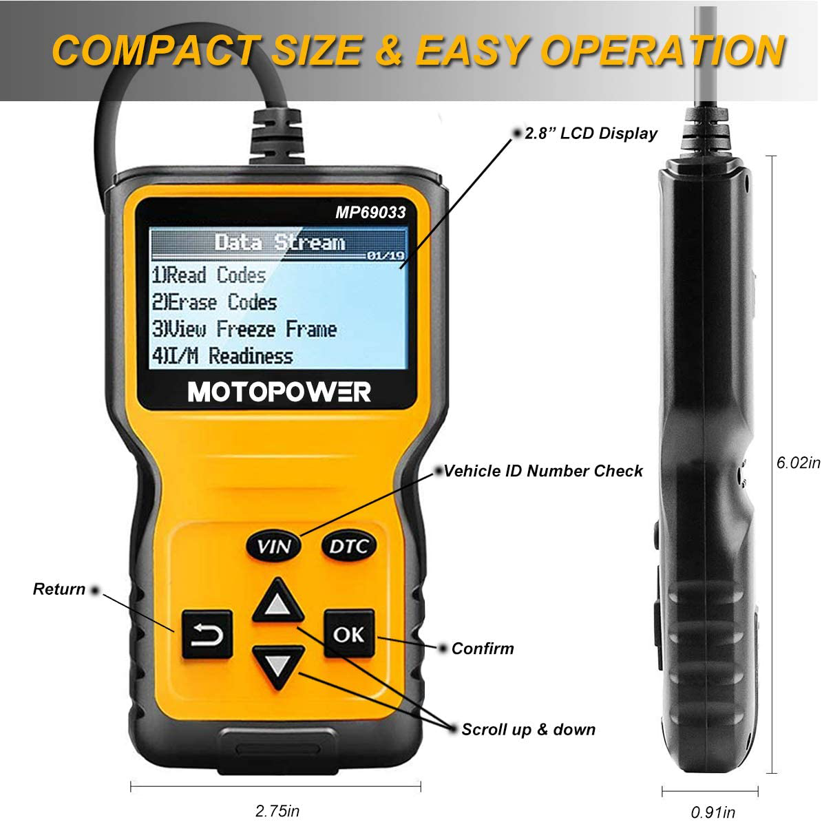 MOTOPOWER MP69033 Car OBD2 Scanner Code Reader Engine Fault Code Reader Scanner CAN Diagnostic Scan Tool for All OBD II Protocol Cars Since 1996