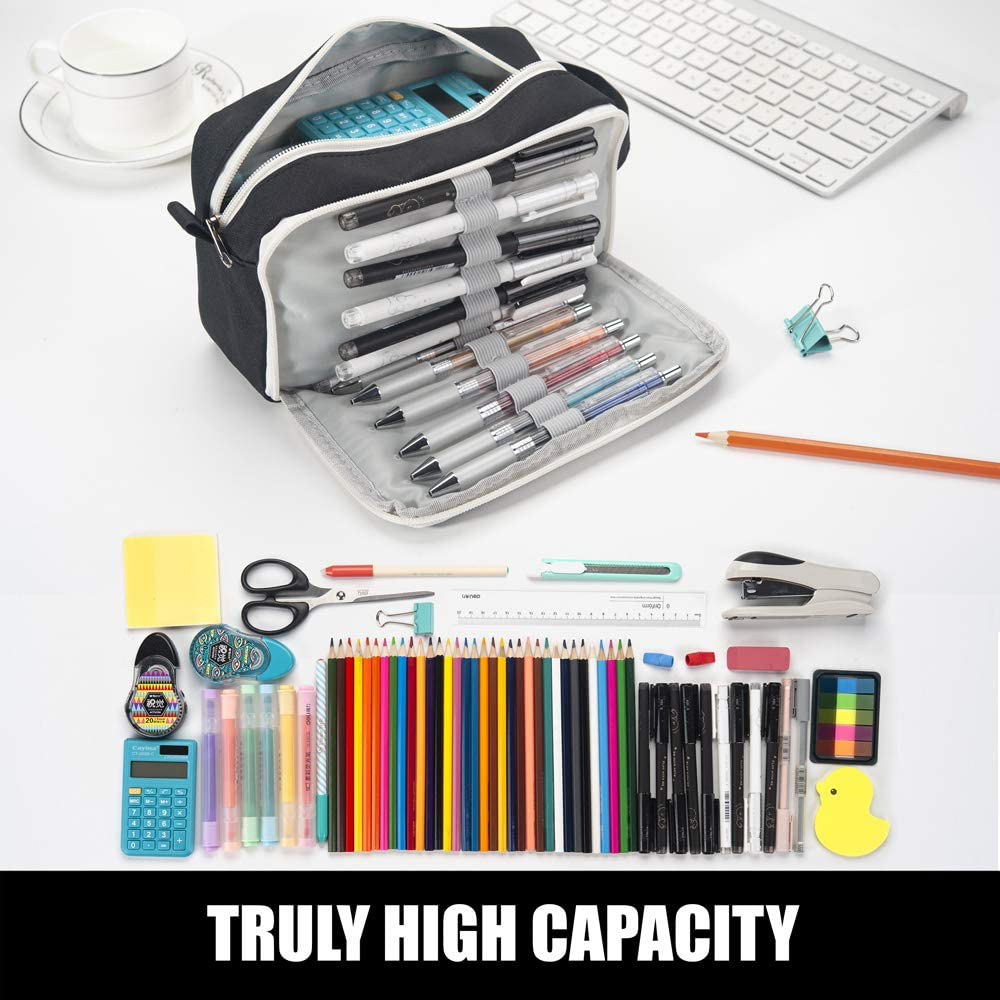 Sooez High Capacity Pen Case Black, Durable Pencil Bag Stationery Pouch Zipper, Portable Journaling Supplies with Easy Grip Handle & Loop