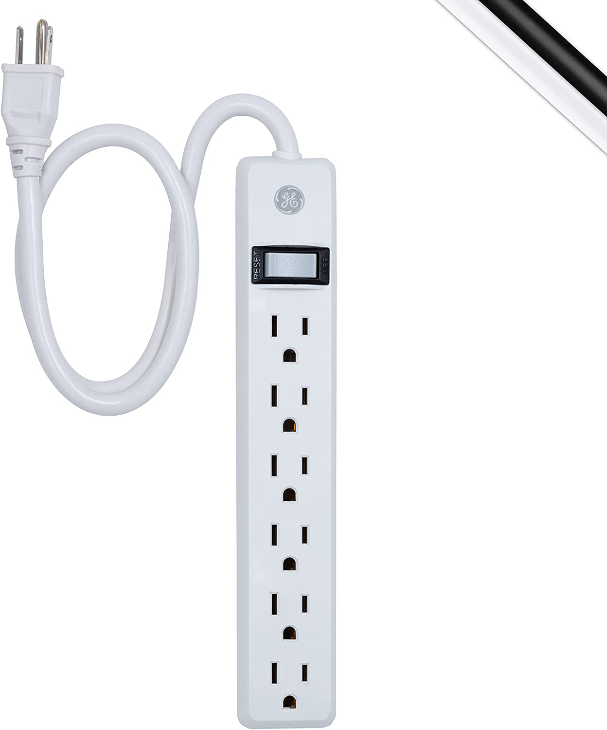 GE, White, 6 Outlet 2 Pack, 2 Ft Cord, Switched Power Strip, Integrated Circuit Breaker, Overload Protection, Wall Mountable, 3 Prong, UL Listed, 14833, Count