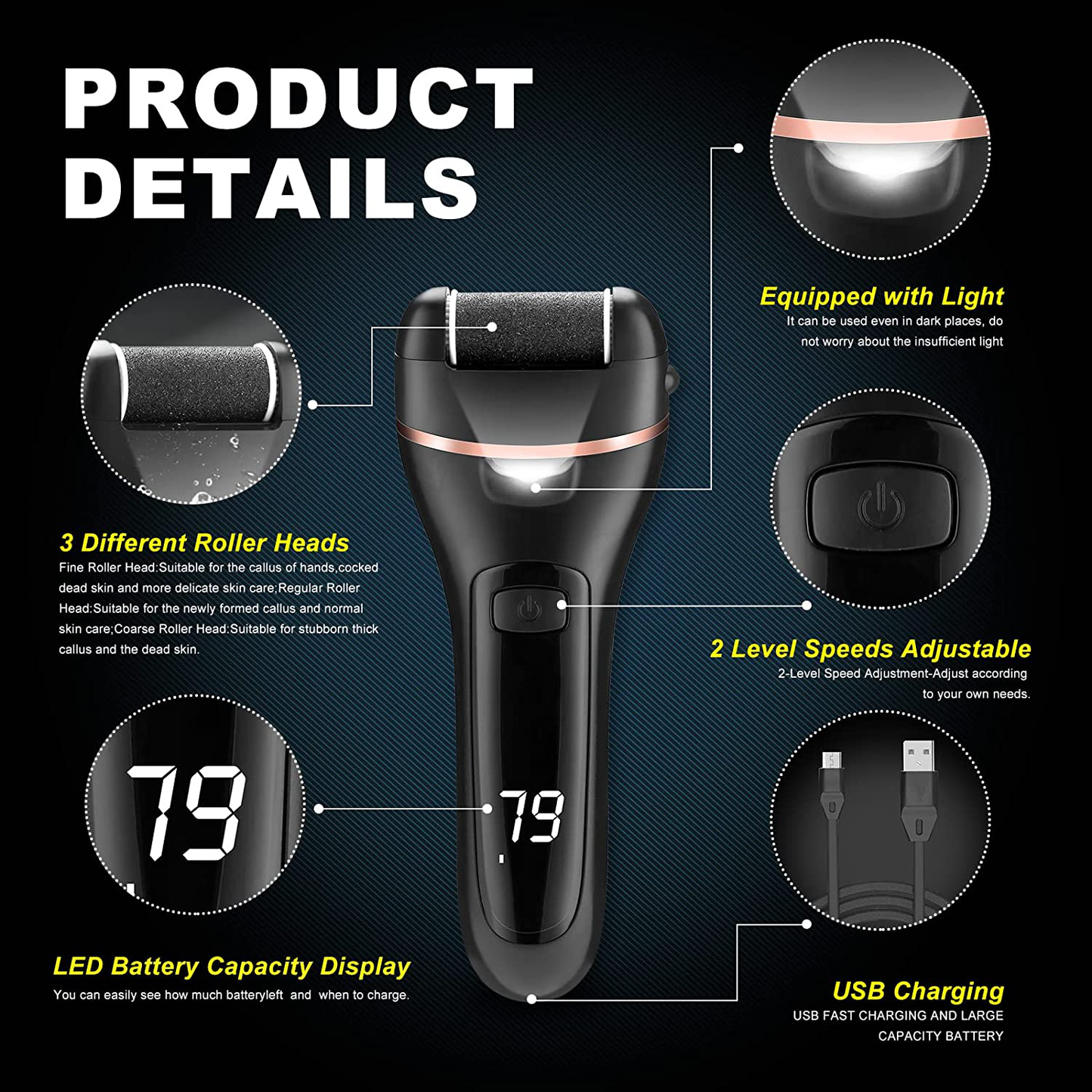 Electric Callus Remover for Feet with Rechargeable Waterproof 22 in 1 Professional Pedicure Kit,Foot Care Tools Wet & Dry Foot File for Dead Skin&Cracked Heel or Rough Hand with 3 Roller Heads 2 Speed