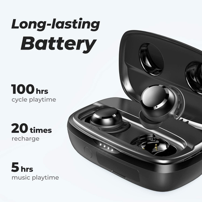 Wireless Earbuds, Tribit 100H Playtime Bluetooth 5.0 IPX8 Waterproof Touch Control Ture Wireless Bluetooth Earbuds with Mic Earphones in-Ear Deep Bass Built-in Mic Bluetooth Headphones