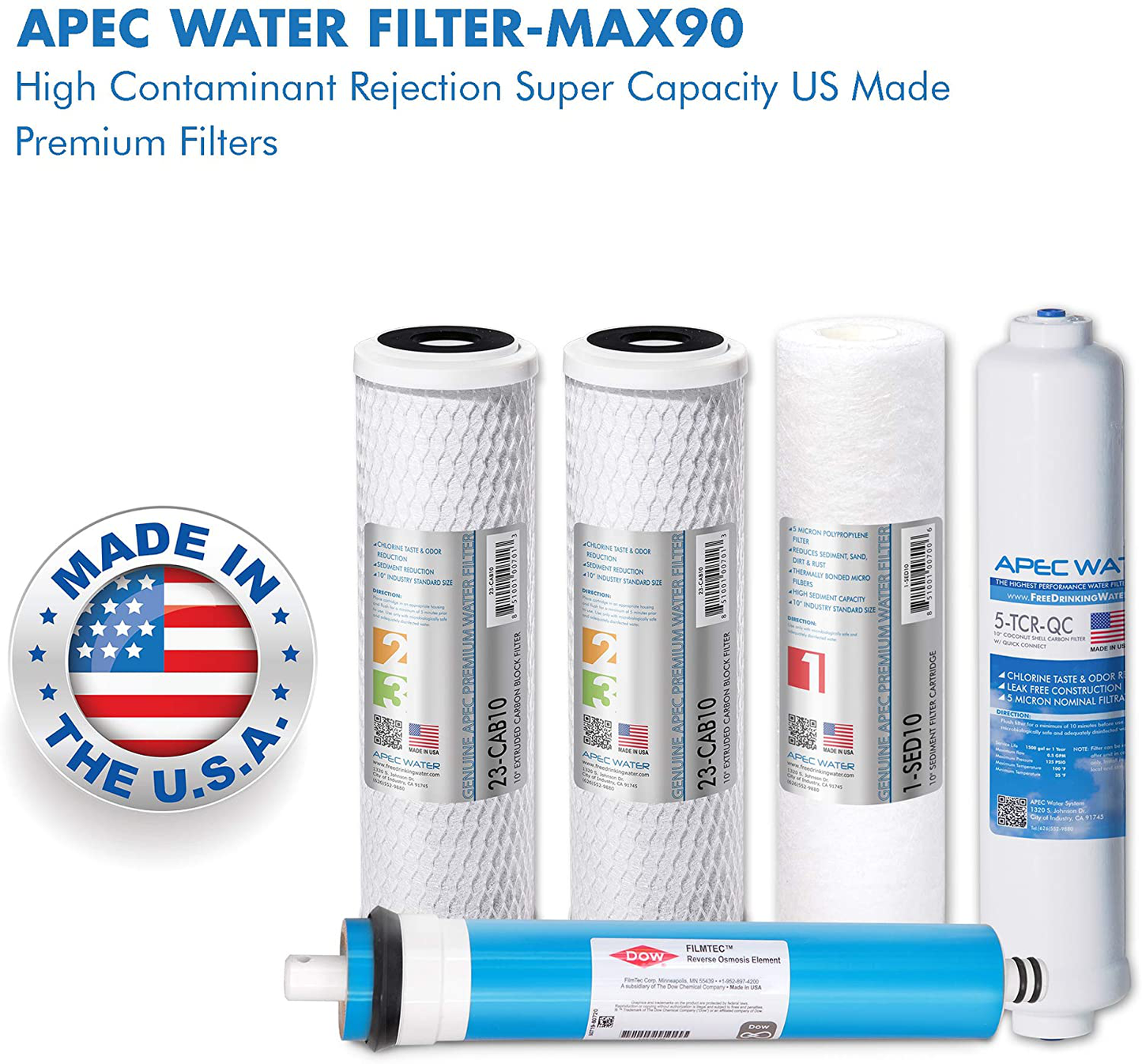 APEC Water Systems FILTER-MAX90 US Made 90 GPD Complete Replacement Set for Ultimate Series Reverse Osmosis Water Filter (Standard 1/4" Output System), Stage 1-5, White
