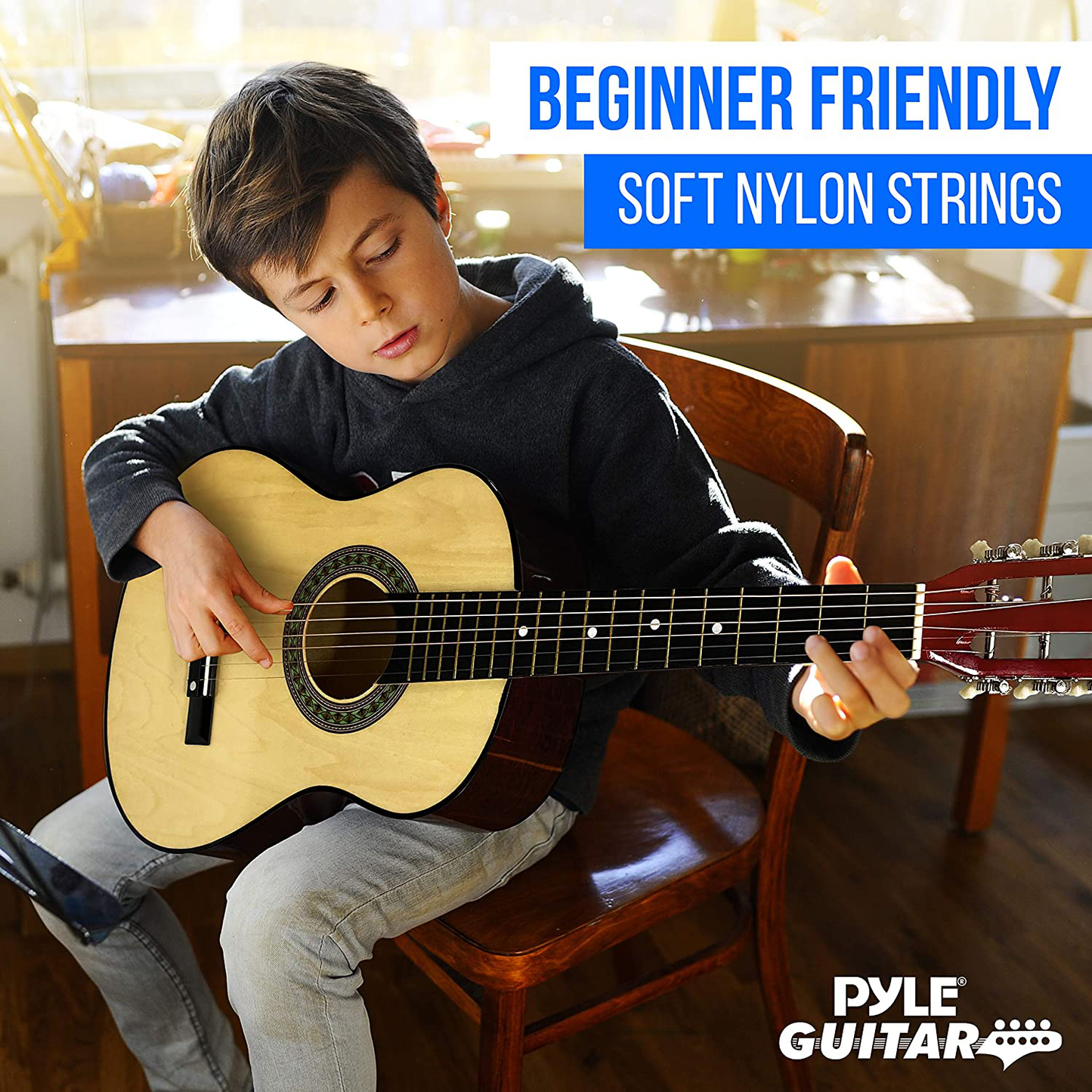 Beginner 30” Classical Acoustic Guitar - 6 String Linden Wood Traditional Style Guitar W/ Wood Fretboard, Case Bag, Nylon Strap, Tuner, 3 Picks - Great for Beginner, Children Use - Pyle PGAKT30
