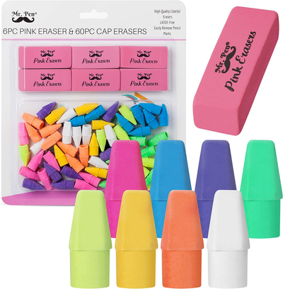 Mr. Pen- Pencil Erasers Set, 6Pc Pink Erasers and 60Pc Pencil Top Erasers, Pencil Eraser, Pencil Erasers Topper, Erasers for Pencils Top, Erasers for Kids, Pink Erasers, Cap Erasers, Eraser Tops