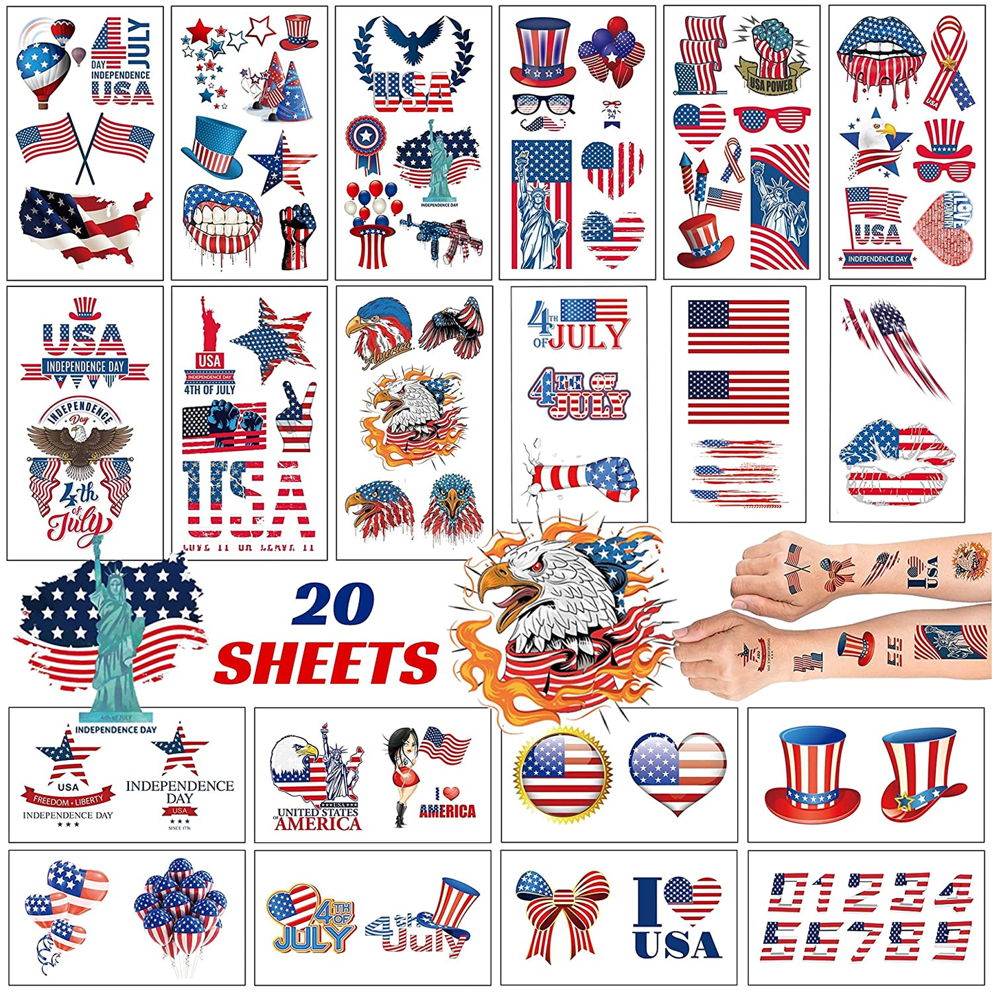 10 Sheets 4Th of July Temporary Tattoos, 80 Pcs Cute Waterproof Patriotic Tattoos for 4Th of July Decorations Patriotic Decor