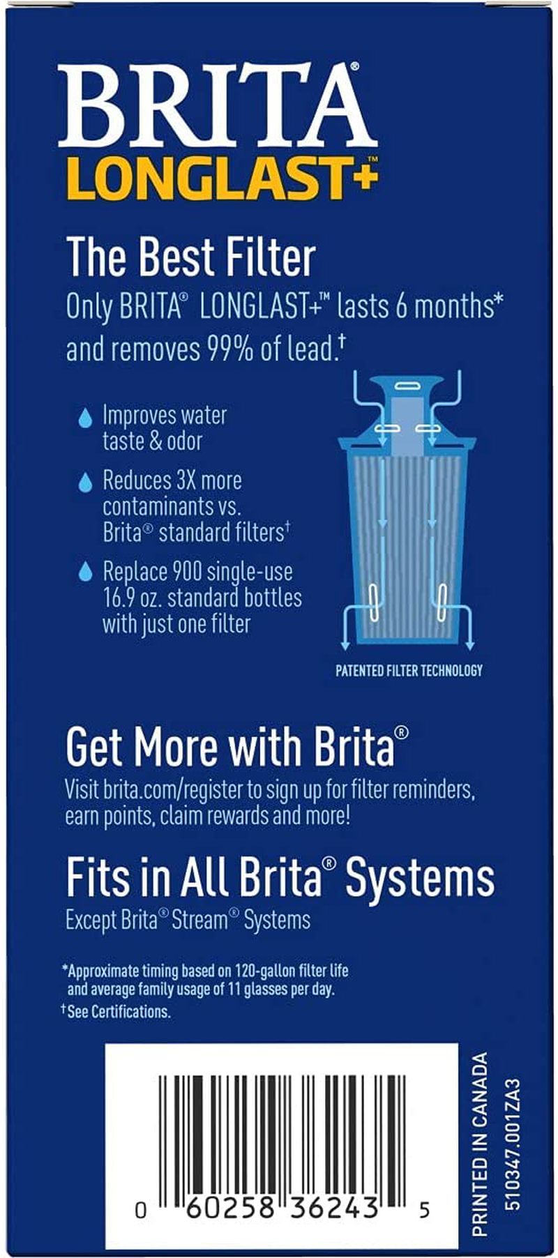 Brita Longlast+ Water Filter, Longlast+ Replacement Filters for Pitcher and Dispensers, Reduces Lead, BPA Free