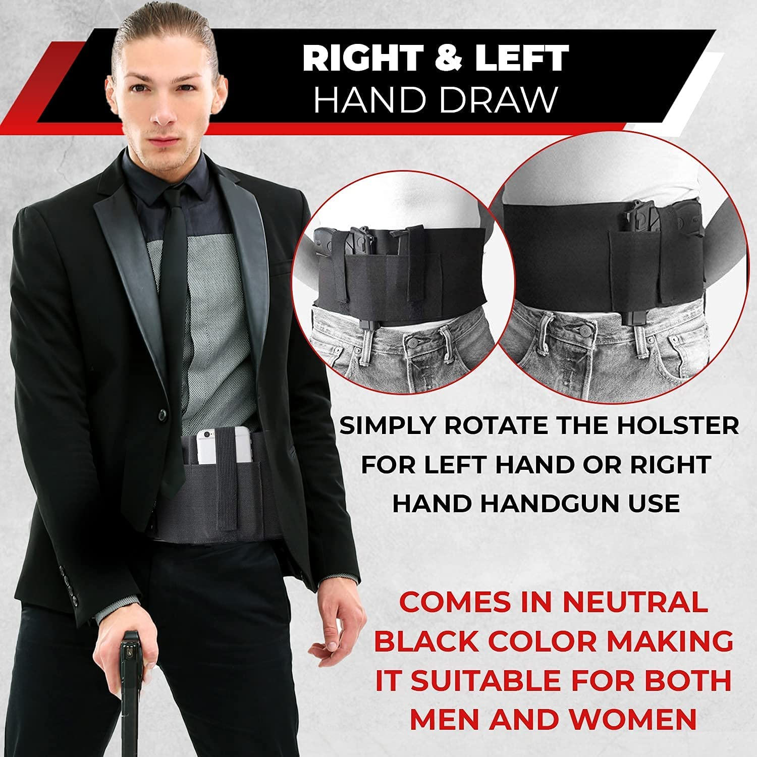 Tactical Belly Band Holster for Concealed Carry Pistol Hand Gun Holder, Hide Handgun under Shirt Elastic Waist Belt Holsters for Men and Women