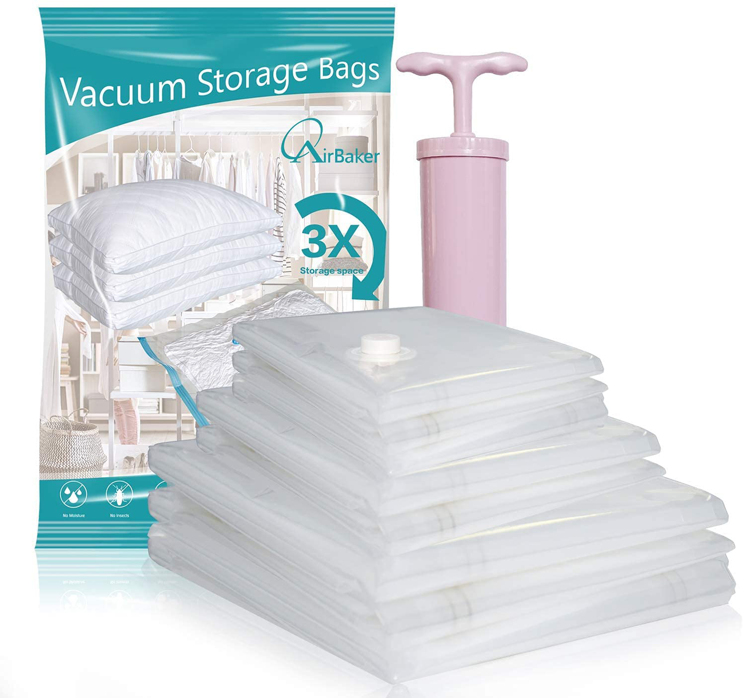 AirBaker Vacuum Storage Bags 8 pcs (3 x Jumbo, 2 x Large, 3 x Medium) for Comforters Blankets Clothes Pillows Travel Space Saver Seal Bag Hand Pump Included