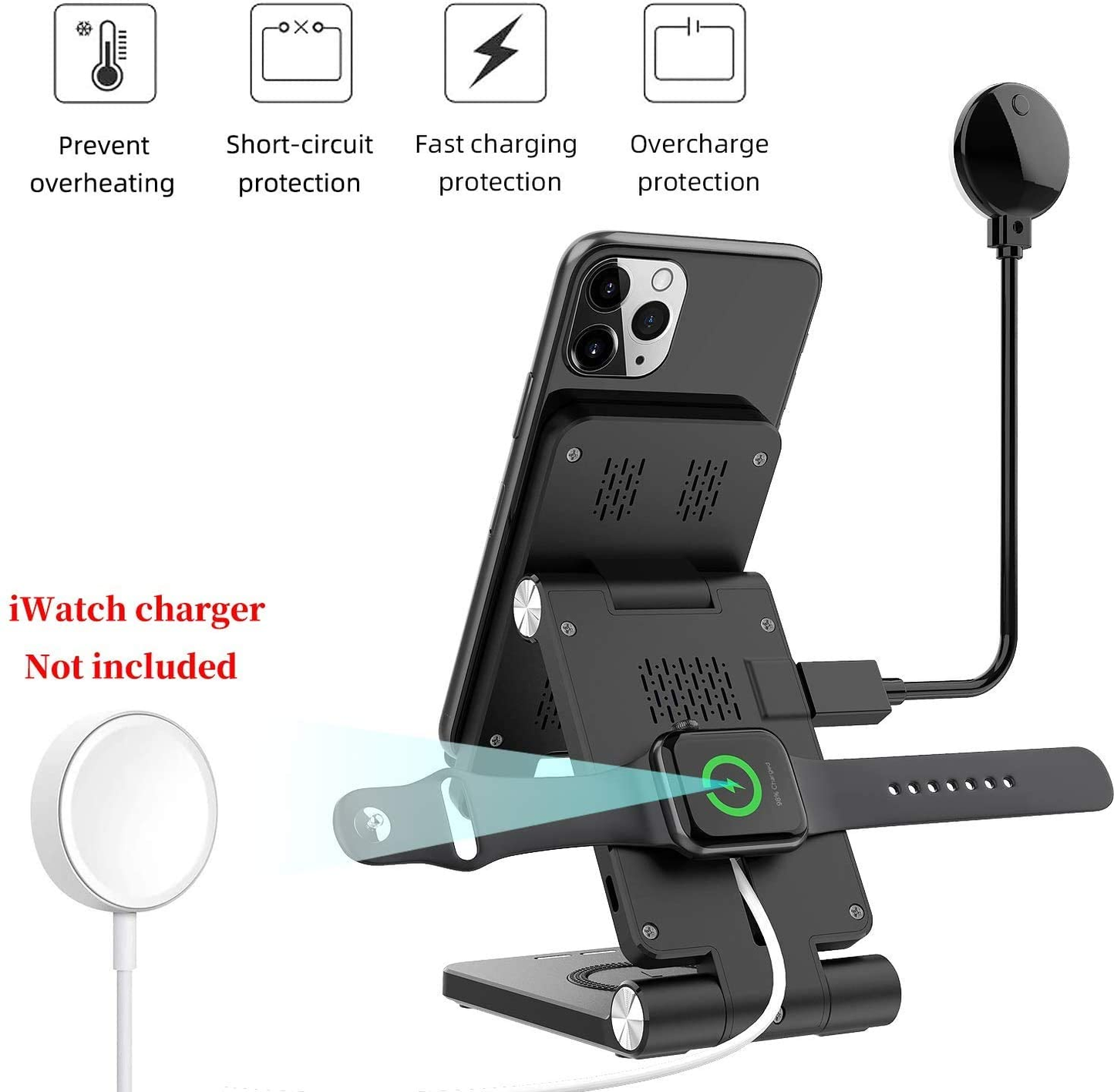 Wireless Charger, FEIKU 4 in 1 Portable Foldable Fast Wireless Charging Station LED Desk Lamp for Apple Iphone 11/Iphone 13/13Pro/13Pro Max/13 Mini/Watch/Airpods Pro（With QC3.0 Adapter）