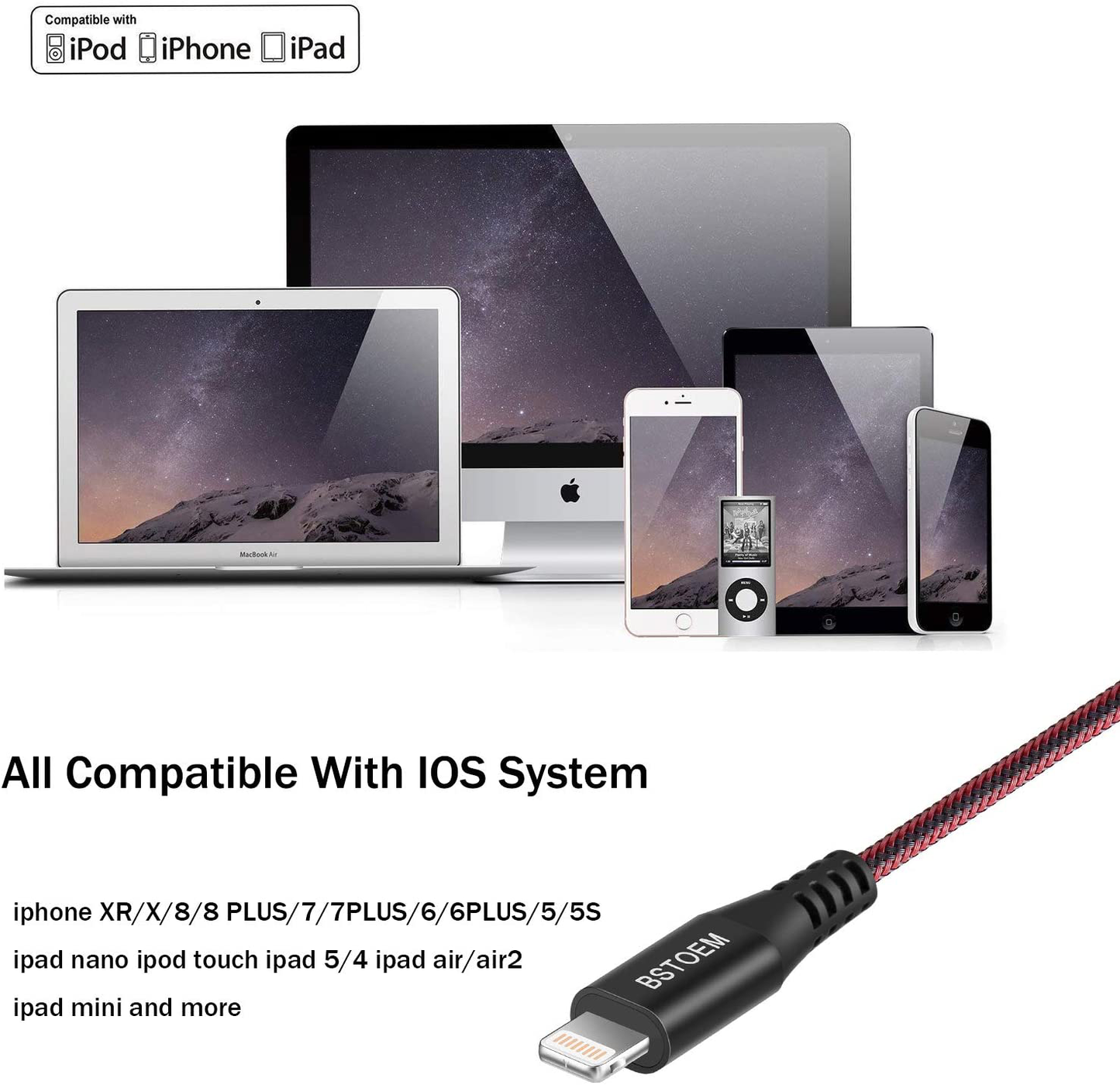 Long iPhone Charger Apple Extra Lightning Charging Cable Cord for iPhone 12/11 Pro/X/Xs Max/XR/X/8 Plus//7 Plus/6/6s/SE/5c/5s/5 iPad Air 2/Mini/Max