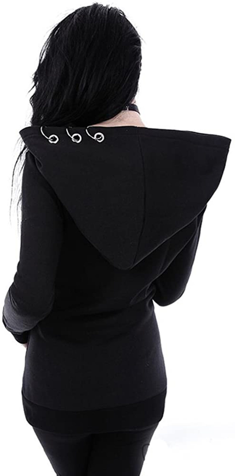 Women Punk Gothic Hoodie Long Sleeve Ring Front Eyelt Zip-up Sweatshirt Jacket Coat