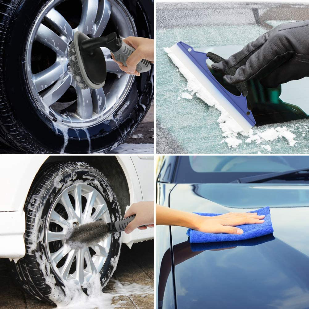 11pcs Car Cleaning Kit, Car Wash Kit for Interior and Exterior Cleaning with Canvas Bag Tire Brush Wash Sponge Duster Window Water Scraper Collapsible Bucket Wash Cloths Deer Towel Wash Glove