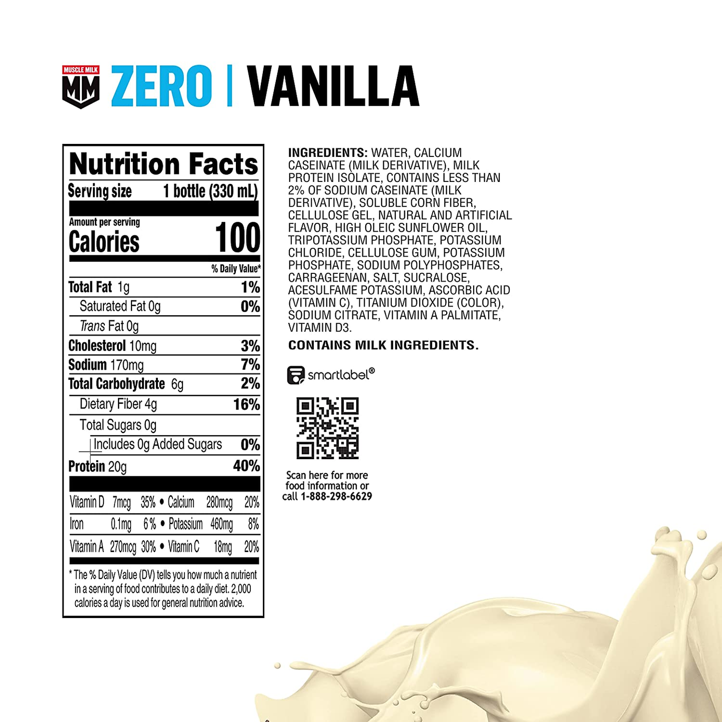 Muscle Milk Zero Protein Shake, Vanilla Crème, 11.16 Fl Oz Bottle, 12 Pack, 20G Protein, Zero Sugar, 100 Calories, Calcium, Vitamins A, C & D, 4G Fiber, Energizing Snack, Workout Recovery, Packaging May Vary