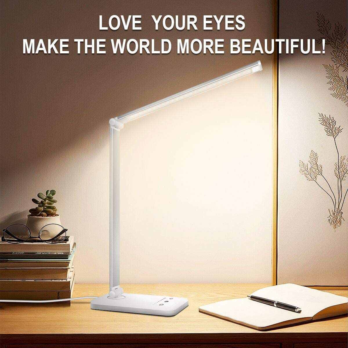 LED Desk Lamp, Eye-Caring Table Lamps, Natural Light Protects Eyes, 5 Modes, 10 Brightness Levels, Touch Control, Adjustable Table lamp with USB Charging Port, Auto Timer 30 / 60min, White