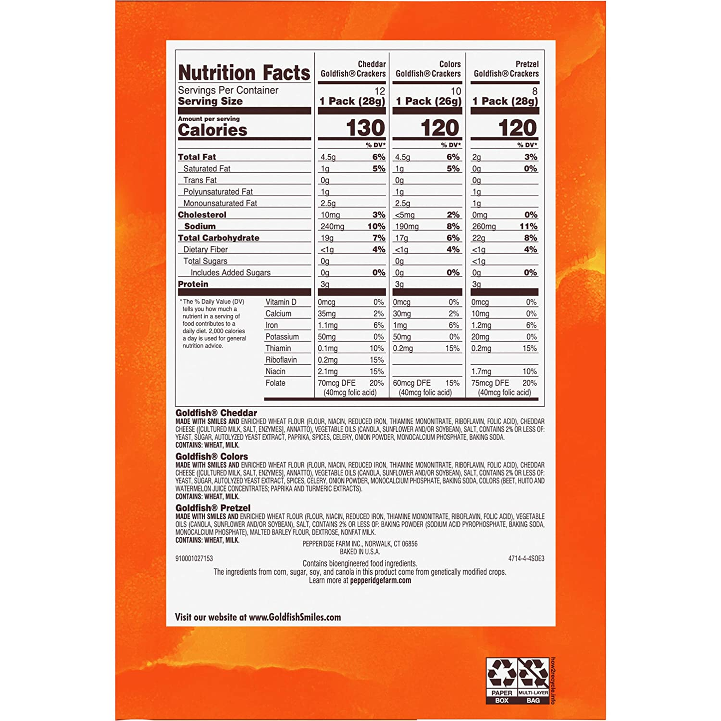 Pepperidge Farm Goldfish Crackers Big Smiles with Cheddar, Colors, and Pretzel Crackers, Snack Packs, 30 Count Variety Pack Box