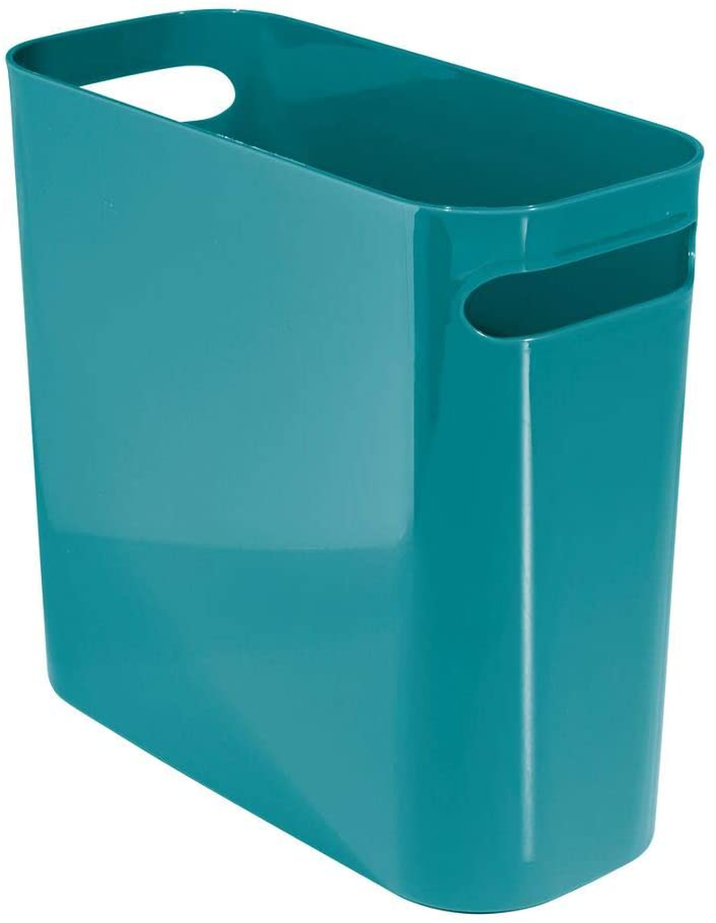 mDesign Slim Plastic Rectangular Small Trash Can Wastebasket, Garbage Container Bin with Handles for Bathroom, Kitchen, Home Office, Dorm, Kids Room - 10" High, Shatter-Resistant - Black