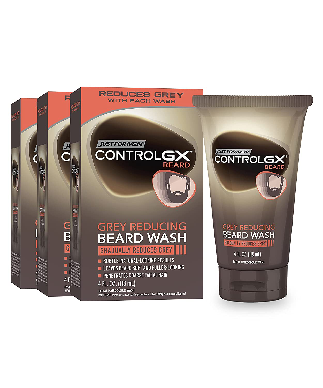 Just For Men Control GX Grey Reducing Beard Wash Shampoo, Gradually Colors Mustache and Beard, Leaves Facial Hair Softer and Fuller