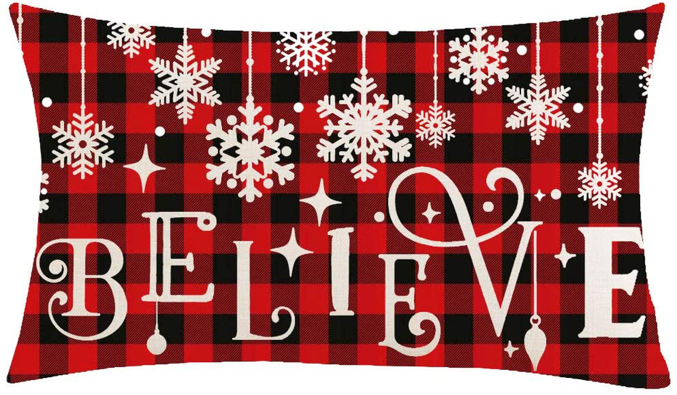 Jimrou Throw Pillow Cover 12x20inches Festival Gifts Merry Christmas Red Snowflakes Believe Happy New Year Cotton Linen Decorative Home Sofa Chair Car Lumbar Throw Pillow Case Cushion Cover
