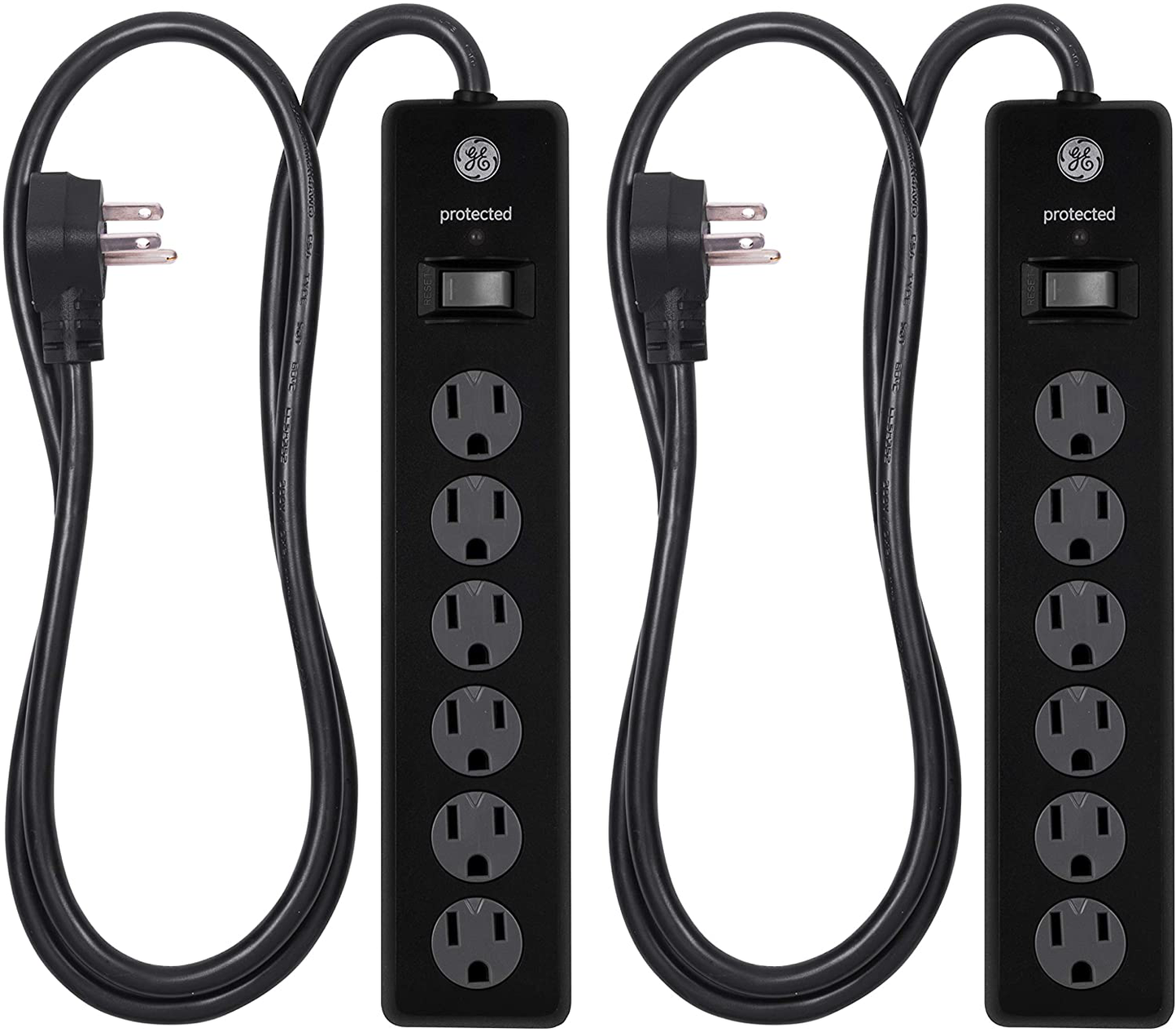 GE 6 Outlet Surge Protector, 10 Ft Extension Cord, Power Strip, 800 Joules, Flat Plug, Twist-to-Close Safety Covers, White, 14092