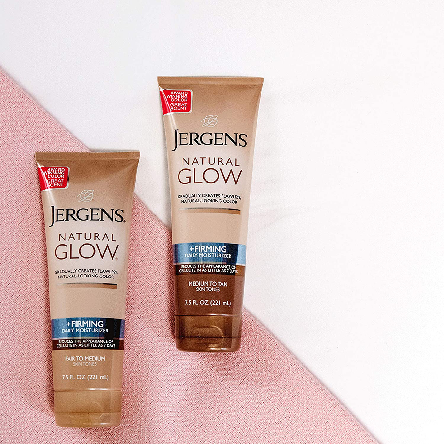 Jergens Natural Glow + FIRMING Self Tanner, Sunless Tanning Lotion for Skin Tone, Anti Cellulite Firming Body Lotion for Natural-Looking Tan, Oz, Fair to Medium, Fresh, 7.5 Fl Oz (Packaging May Vary)