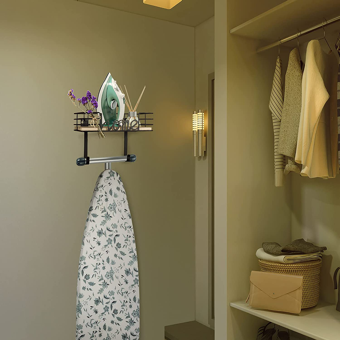 TJ.MOREE Laundry Room Decor-Ironing Board Hanger- Metal Wall Mount Iron and Ironing Board Holder, Laundry Room Organization and Storage with Large Storage Black Wooden Base Basket and Removable Hooks