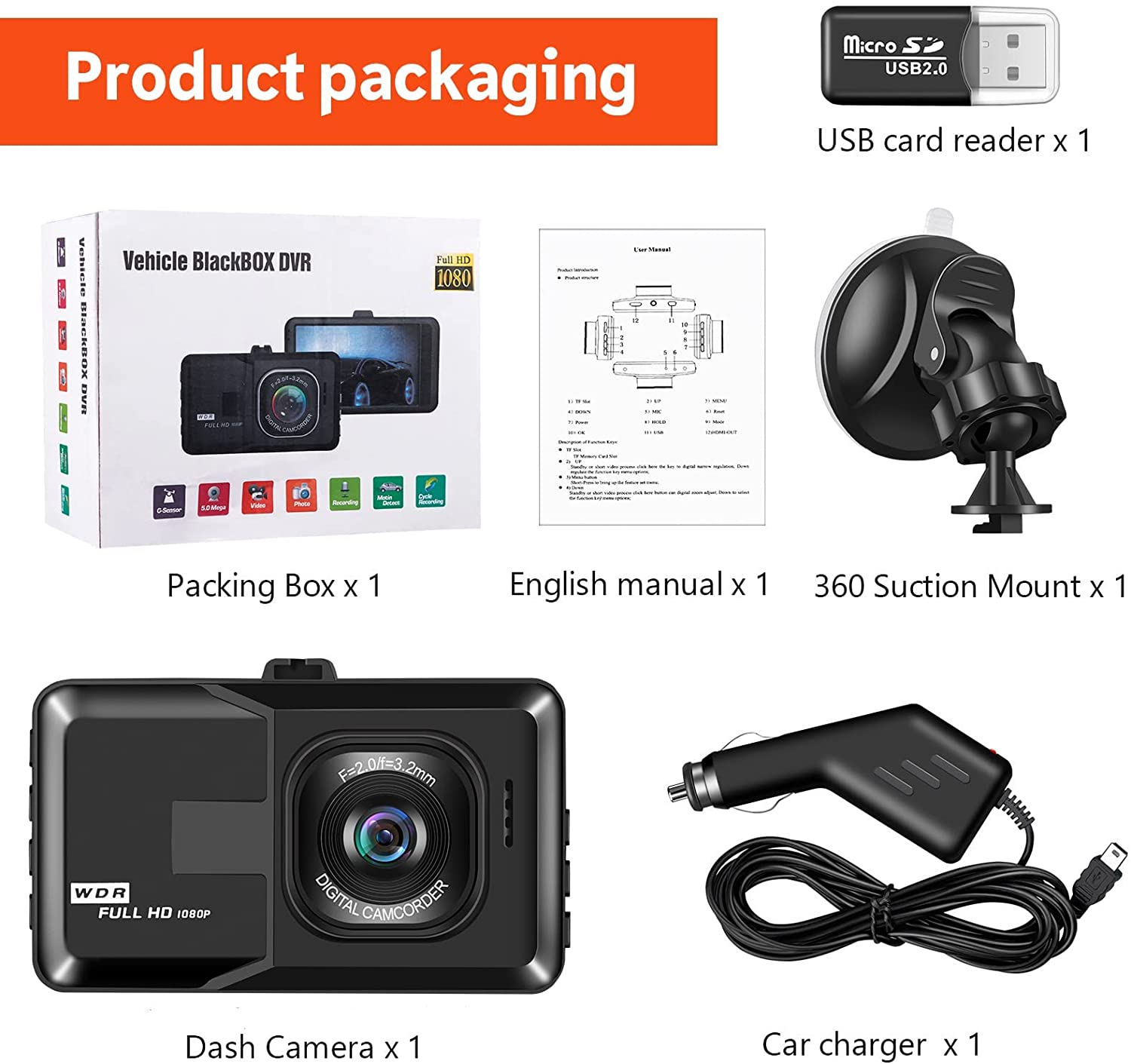 Dash Cam Front 1080P FHD Car Dash Camera for Cars 3.0" LCD Dashcam with Night Vision, 120° Wide Angle, WDR, G-Sensor, Loop Recording, Motion Detection