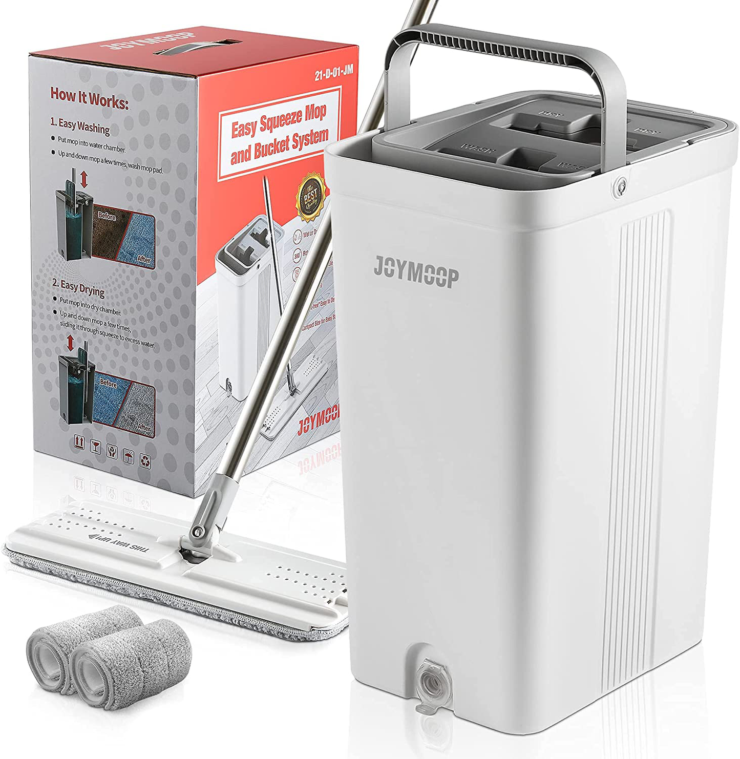JOYMOOP Squeeze Flat Floor Mop and Bucket Set with 3 Microfiber Mop Pads Refills Easy Self-Wringing Cleaning Mop Bucket, Wet and Dry Mopping Hardwood, Laminate, Tile