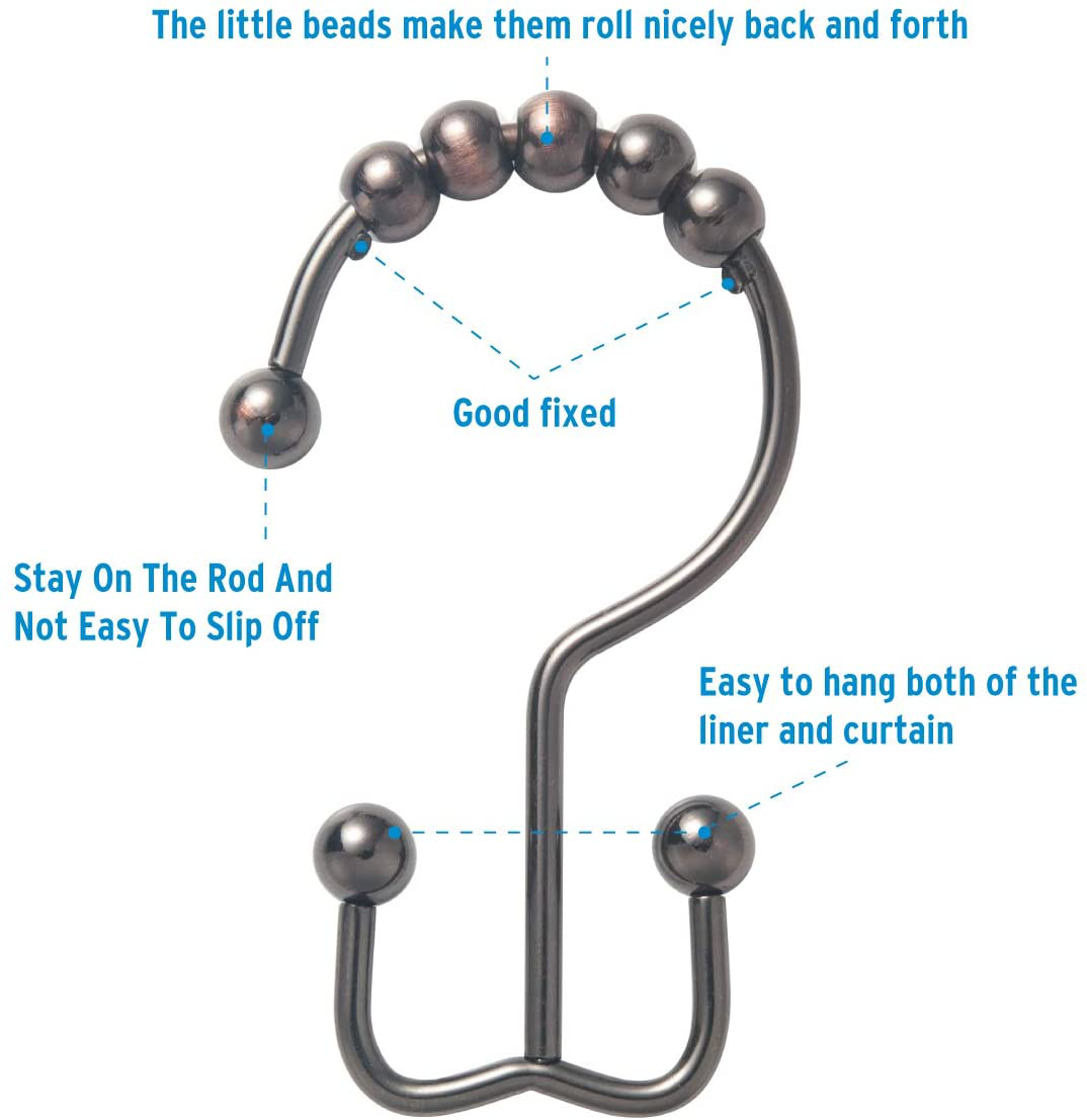 Titanker Shower Curtain Hooks Rings, Rust-Resistant Metal Double Glide Shower Hooks for Bathroom Shower Rods Curtains, Set of 12 Hooks