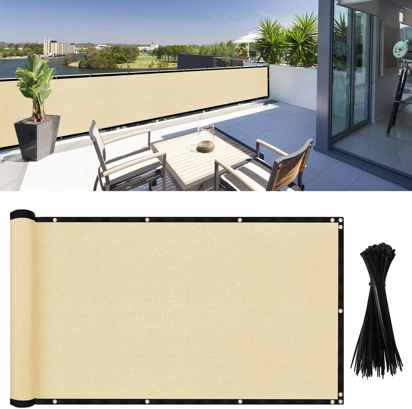 DearHouse Balcony Privacy Screen Cover, 3.5ft x16.5ft Fence Windscreen for Porch Deck, Outdoor, Backyard, Patio, Balcony to Cover Sun Shade, UV-Proof, Weather-Resistant, Includes 35 pc Cable Ties