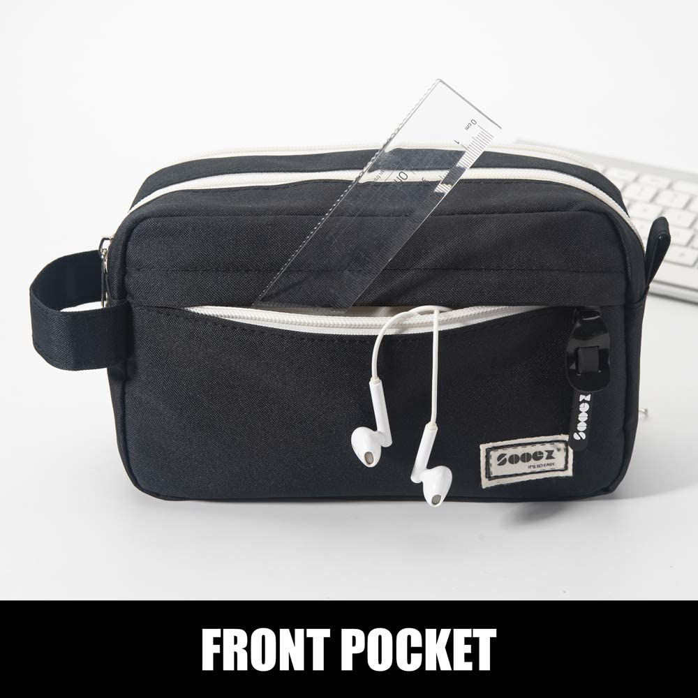 Sooez High Capacity Pen Case Black, Durable Pencil Bag Stationery Pouch Zipper, Portable Journaling Supplies with Easy Grip Handle & Loop