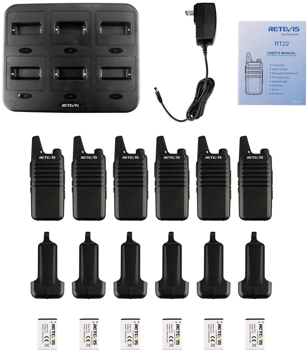 Retevis RT22 Walkie Talkies Rechargeable Hands Free 2 Way Radios Two-Way Radio(6 Pack) with 6 Way Multi Gang Charger
