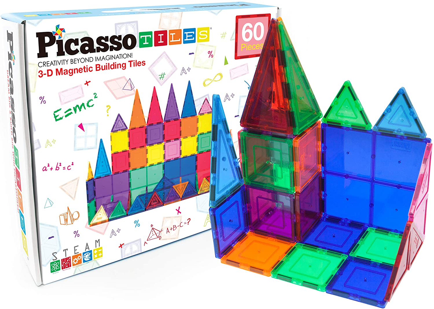 PicassoTiles 60 Piece Set 60pcs Magnet Building Tiles Clear Magnetic 3D Building Blocks Construction Playboards - Creativity beyond Imagination, Inspirational, Recreational, Educational, Conventional