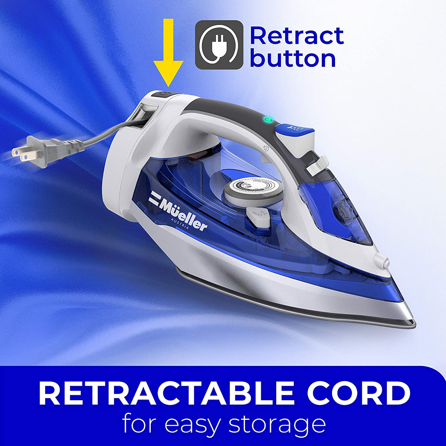Mueller Professional Grade Steam Iron, Retractable Cord for Easy Storage, Shot of Steam/Vertical Shot, 8 Ft Cord, 3 Way Auto Shut Off, Self Clean