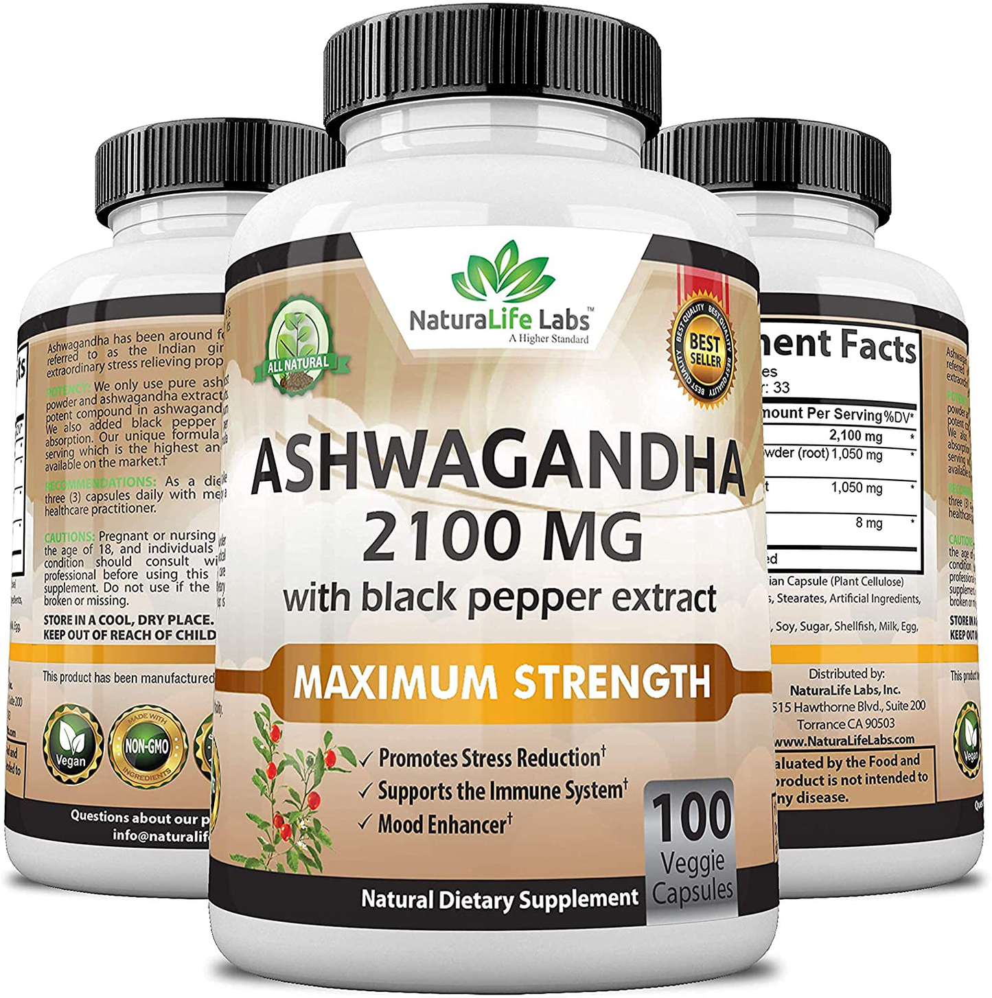 Organic Ashwagandha 2,100 mg - 100 Vegan Capsules Pure Organic Ashwagandha Powder and Root Extract - Stress Relief, Mood Enhancer, Immune & Thyroid Support