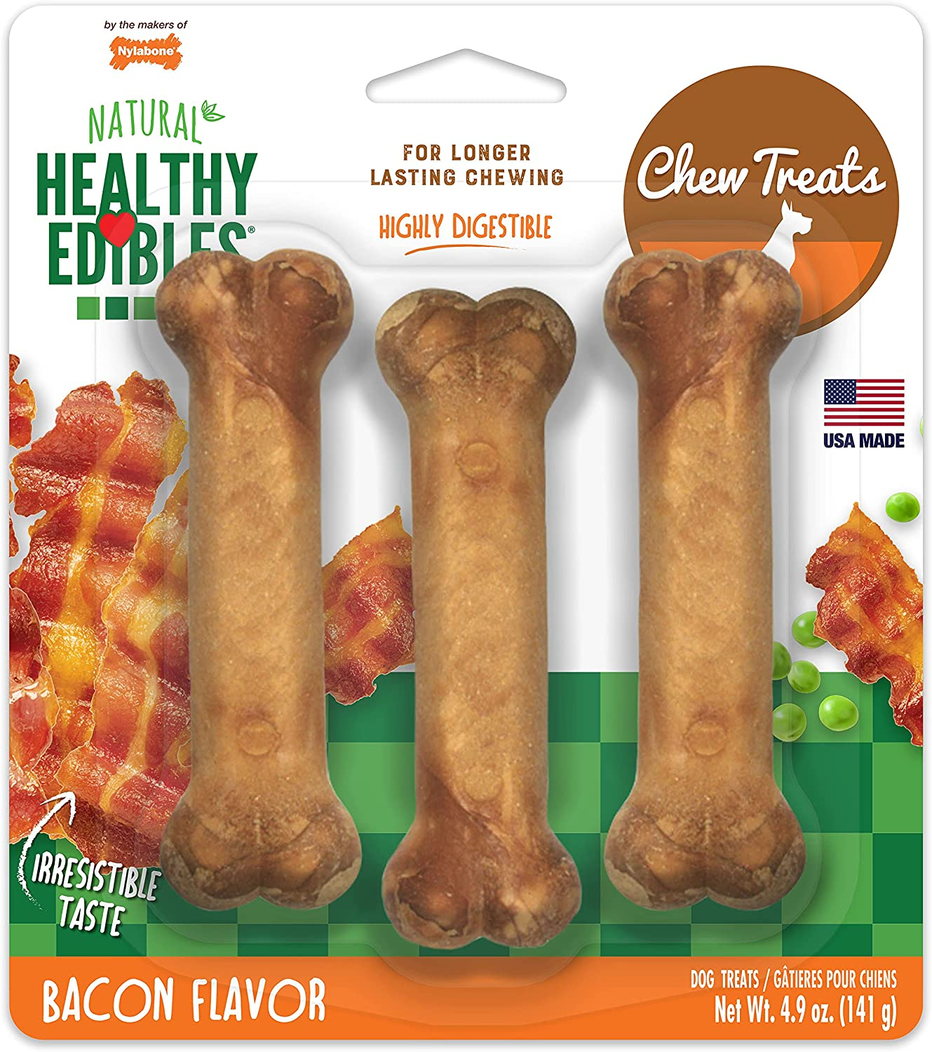 Nylabone Healthy Edibles All-Natural Long Lasting Bacon Flavor Chew Treats 3 Count Bacon Small/Regular
