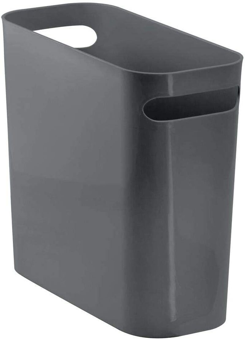 mDesign Slim Plastic Rectangular Small Trash Can Wastebasket, Garbage Container Bin with Handles for Bathroom, Kitchen, Home Office, Dorm, Kids Room - 10" High, Shatter-Resistant - Black