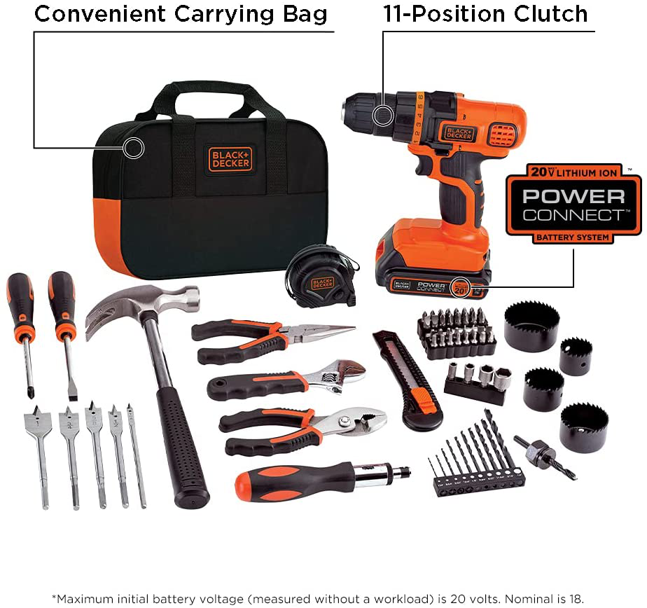 BLACK+DECKER 20V Max Drill & Home Tool Kit, 68 Piece (LDX120PK)