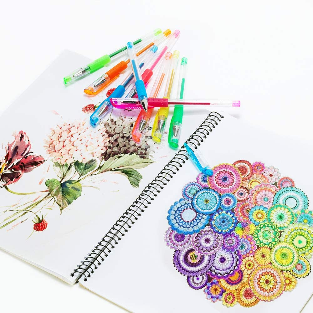 Glitter Gel Pens Colored Fine Tip Markers with 40% More Ink for Adult Coloring Books, Drawing and Doodling (24 Colors)
