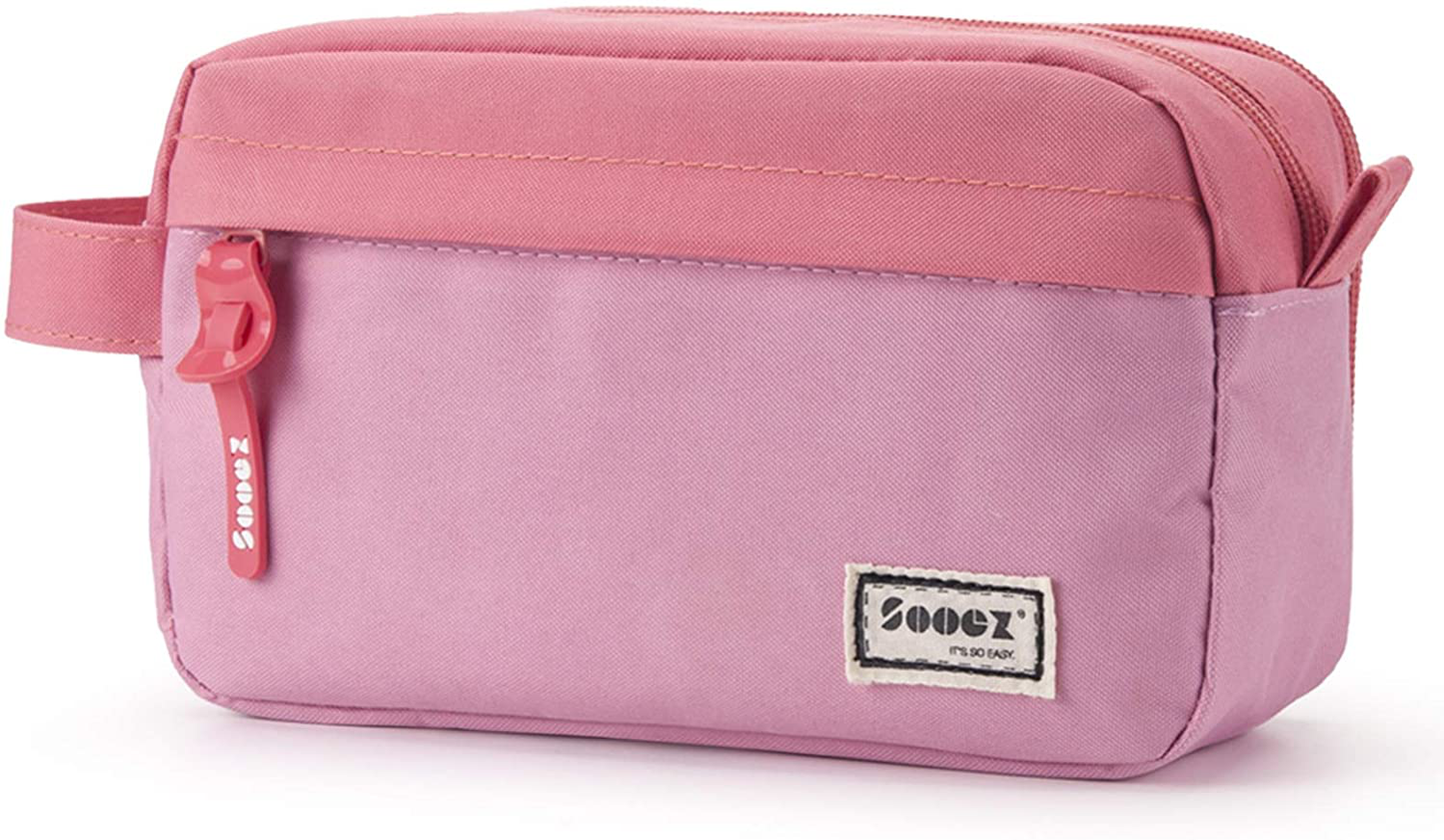 Sooez High Capacity Pen Case Black, Durable Pencil Bag Stationery Pouch Zipper, Portable Journaling Supplies with Easy Grip Handle & Loop