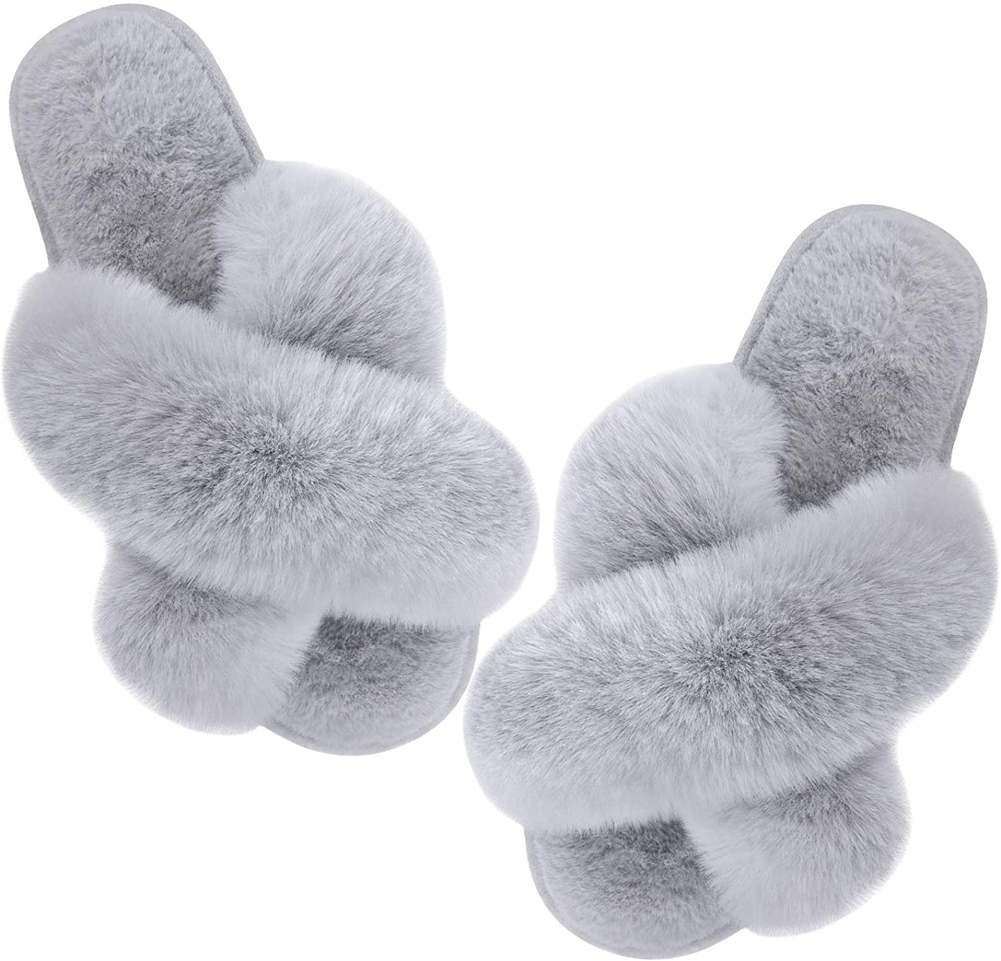 Women'S Cross Band Slippers Soft Plush Furry Cozy Open Toe House Shoes Indoor Outdoor Faux Rabbit Fur Warm Comfy Slip on Breathable