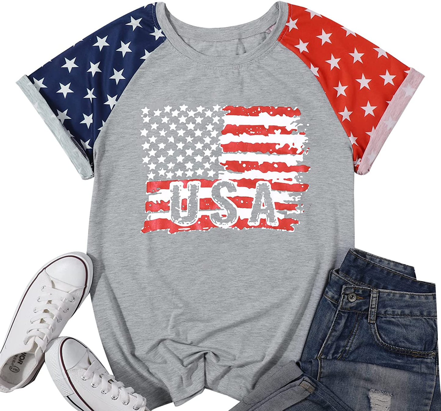 Women American Flag Shirt USA 4Th of July Independence Day T-Shirt Patriotic Stars Stripes Short Sleeve Tee Tops