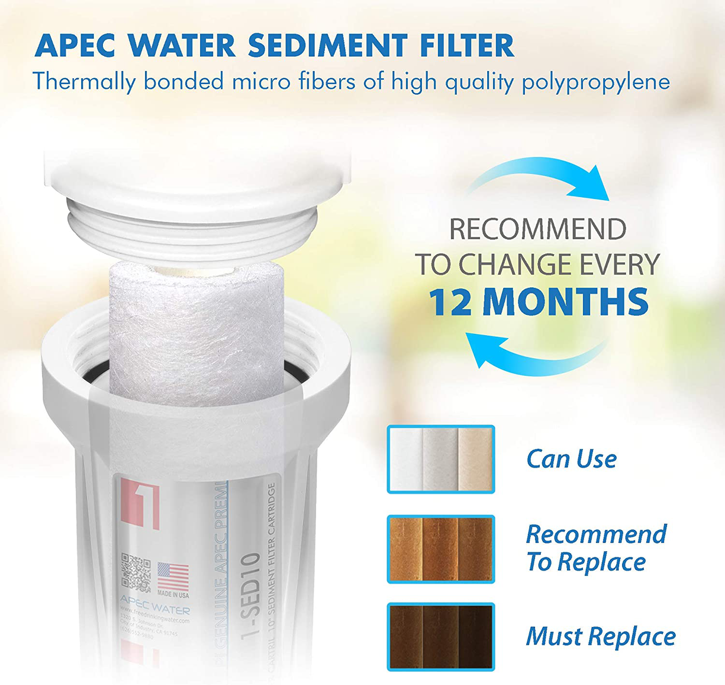 APEC Water Systems Filter-Set US Made Double Capacity Replacement Stage 1-3 for Reverse Osmosis System, White & DE 10" Inline Carbon Filter with ¼” Quick Connect For Reverse Osmosis Filter System