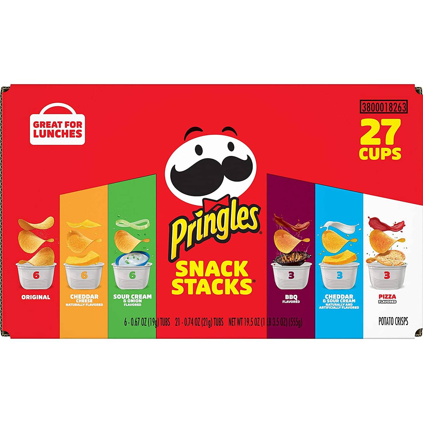 Pringles Potato Crisps Chips, Lunch Snacks, Office and Kids Snacks, Snack Stacks, Variety Pack, 19.5Oz Box (27 Cups)