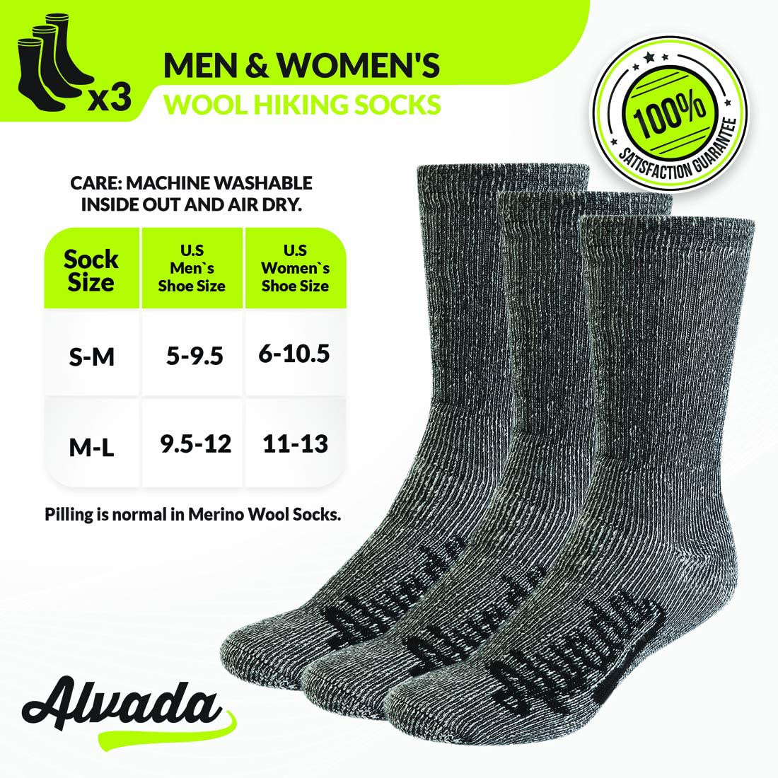 Alvada 80% Merino Wool Hiking Socks Thermal Warm Crew Winter Boot Sock for Men & Women 3 Pairs